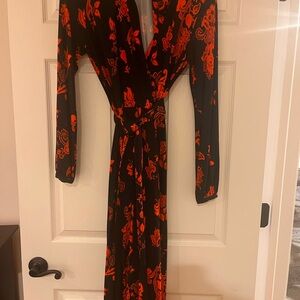 Tory Burch Black and Red Floral Long Sleeve Dress